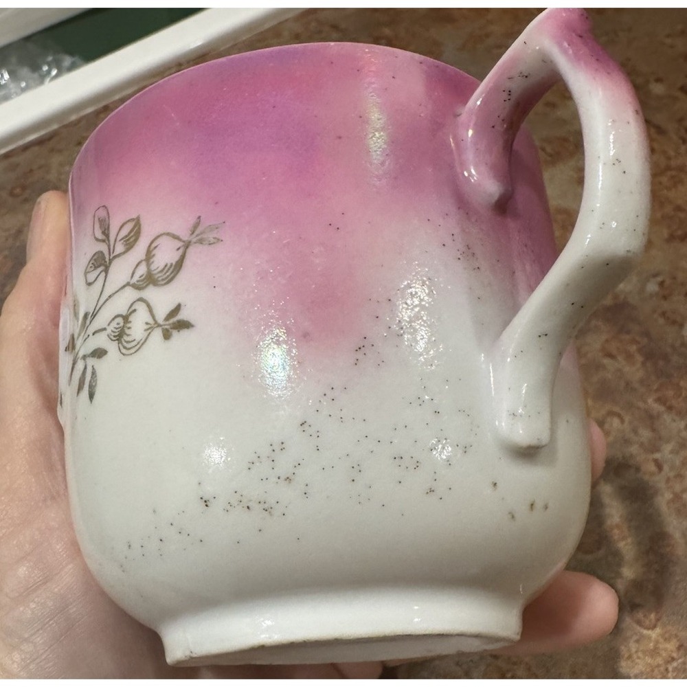 Antique German Porcelain Mustache Cup Pink Floral Raised HUSBAND Victorian As Is - Picture 6 of 10